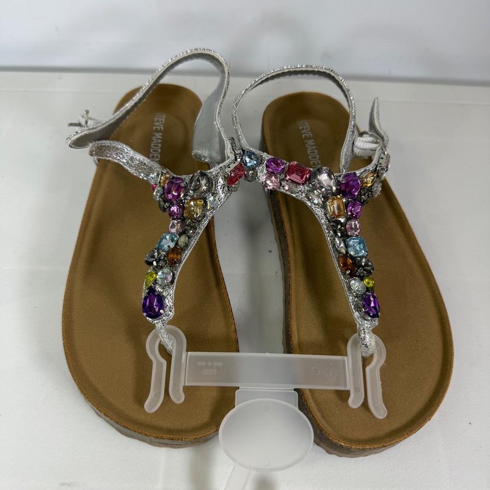Steve Madden Jstunned‎ 751 Silver Embellished Flat Sandals Women's Size 2